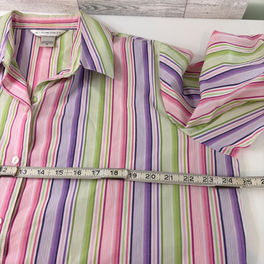 Allison Daley Button Down Shirt Women 18 Pink Purple Green Striped 3/4 Sleeve - Picture 6 of 8